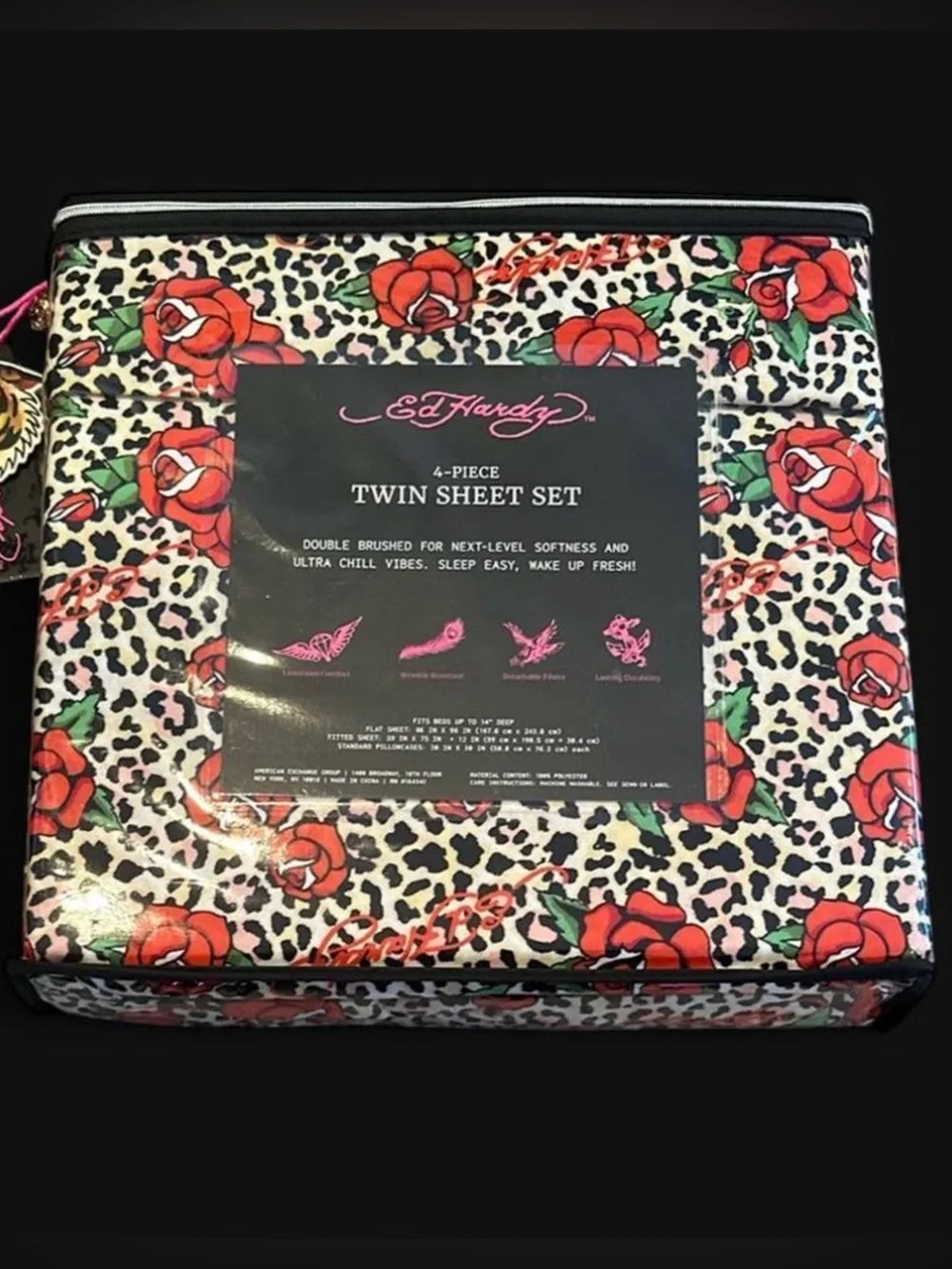 Ed Hardy 4 Piece Twin Sheet Set Rose Leopard New
